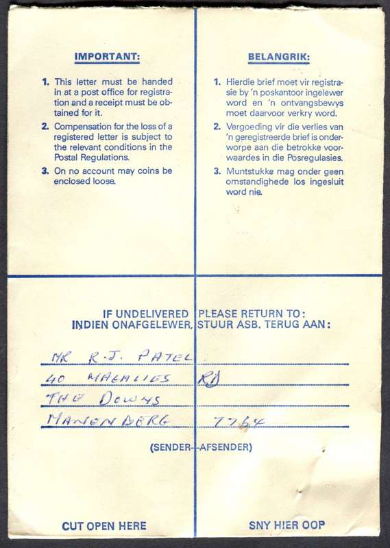 RSA - Cover Registered At Glosderry Post Office