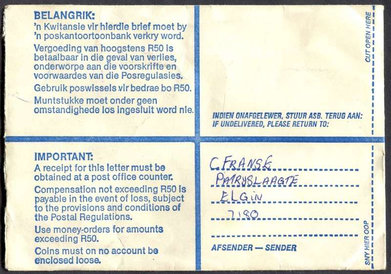 RSA - Cover Registered At Grabouw Post Office