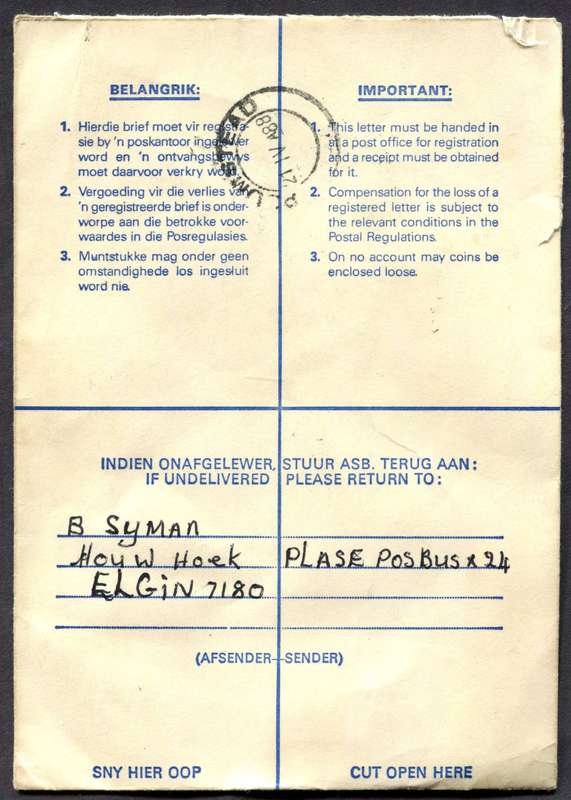 RSA - Cover Registered At Grabouw Post Office