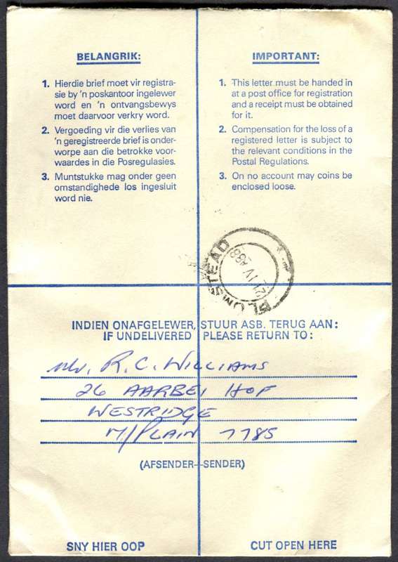 RSA - Cover Registered At Goodwood Post Office