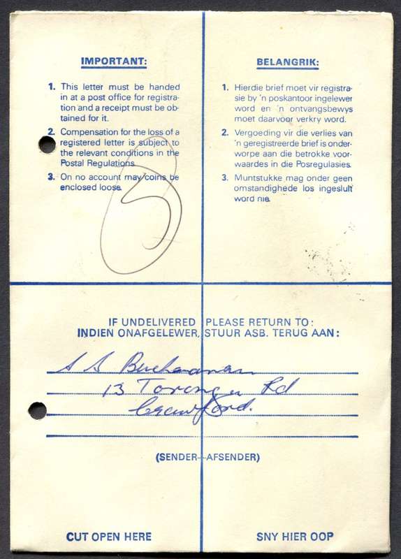 RSA - Cover Registered At Goodwood Post Office