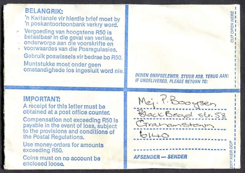 RSA - Cover Registered At Grahamstown Post Office