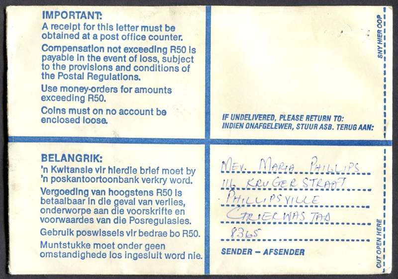 RSA - Cover Registered At Griekwastad Post Office
