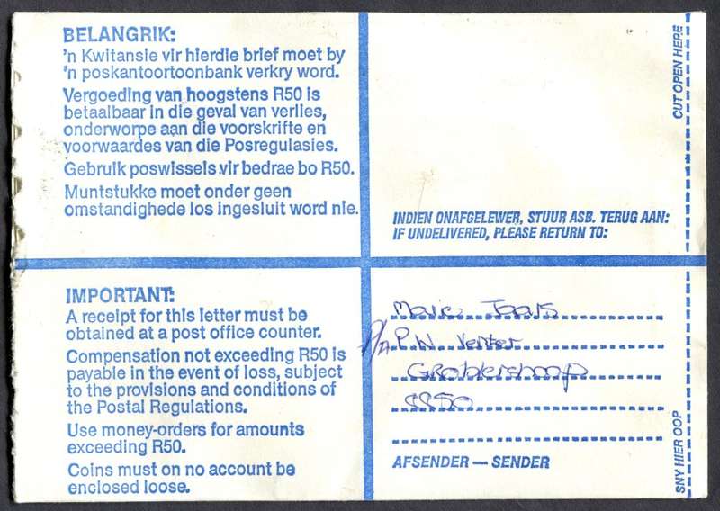 RSA - Cover Registered At Groblershoop Post Office