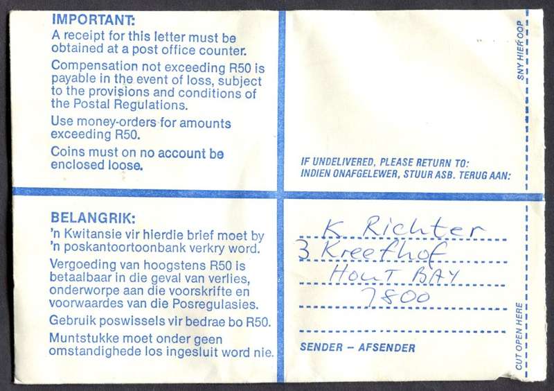 RSA - Cover Registered At Houtbaai Post Office