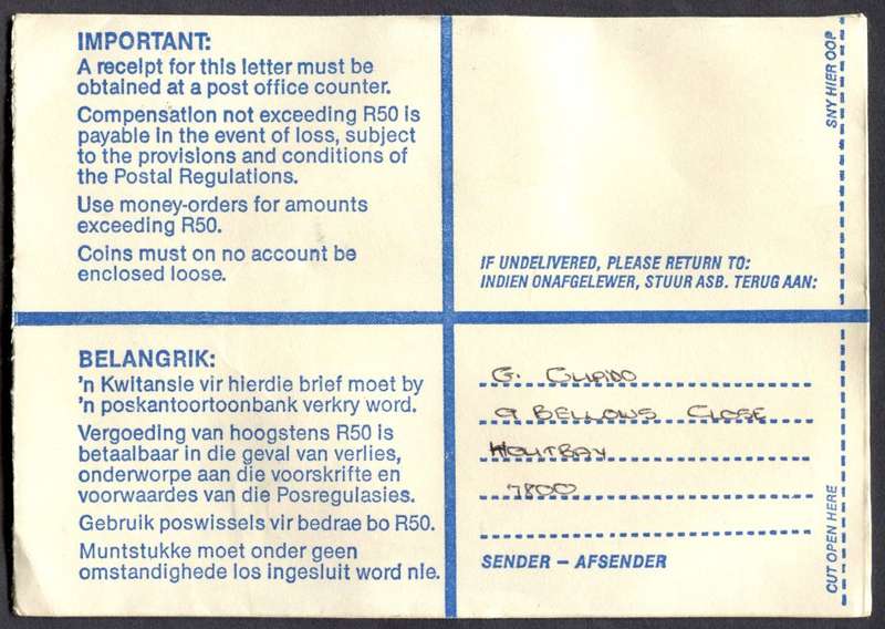 RSA - Cover Registered At Houtbaai Post Office