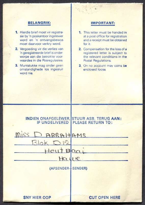 RSA - Cover Registered At Houtbaai Post Office