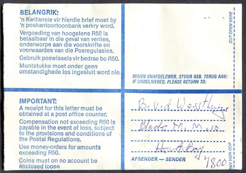 RSA - Cover Registered At Houtbaai Post Office