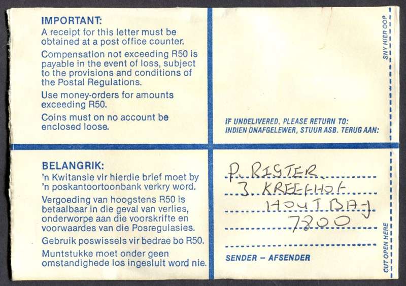 RSA - Cover Registered At Houtbaai Post Office