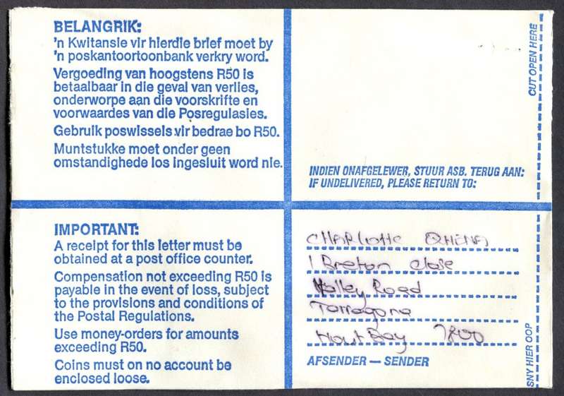 RSA - Cover Registered At Houtbaai Post Office