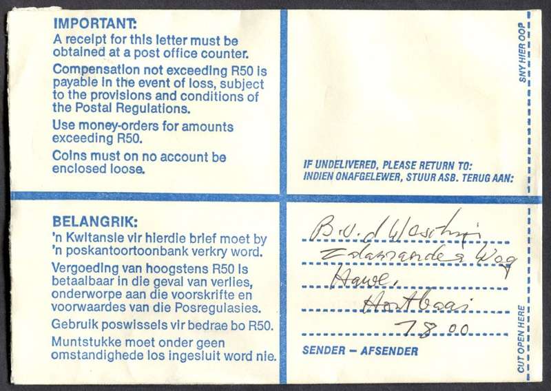 RSA - Cover Registered At Houtbaai Post Office