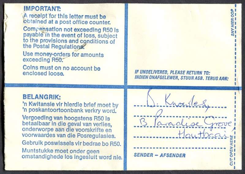 RSA - Cover Registered At Houtbaai Post Office