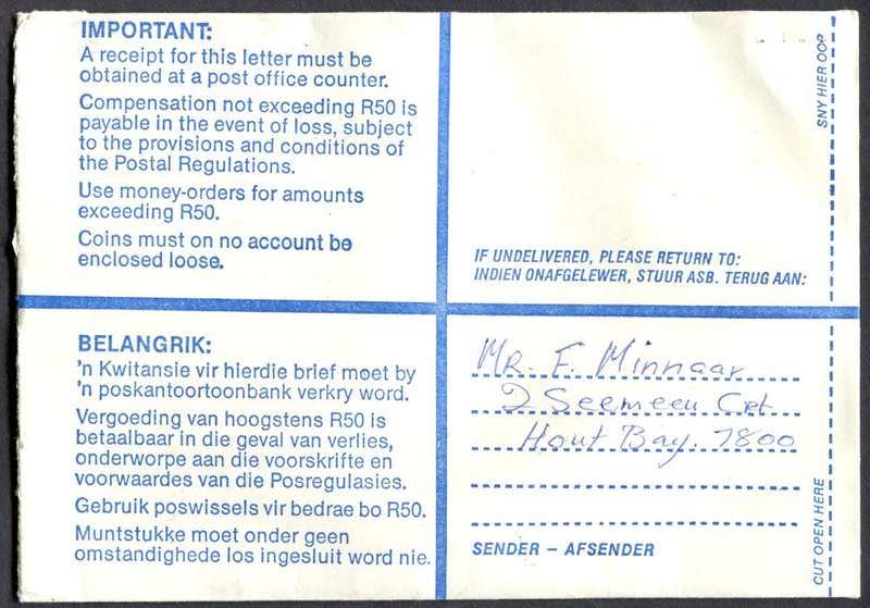 RSA - Cover Registered At Houtbaai Post Office
