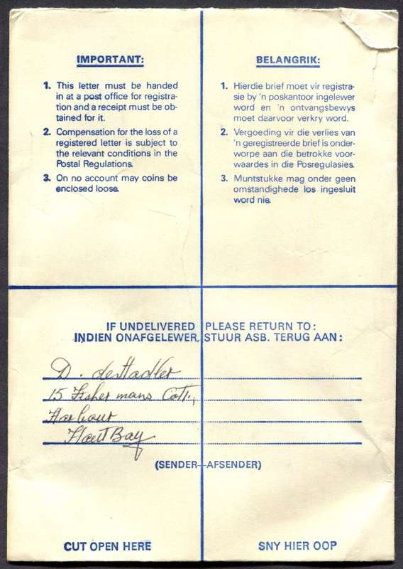 RSA - Cover Registered At Houtbaai Post Office