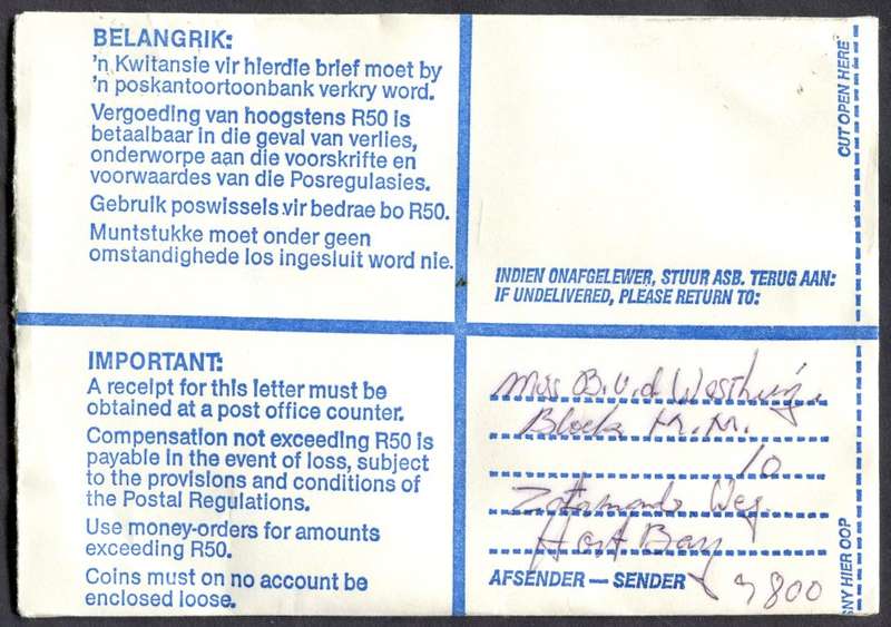 RSA - Cover Registered At Houtbaai Post Office