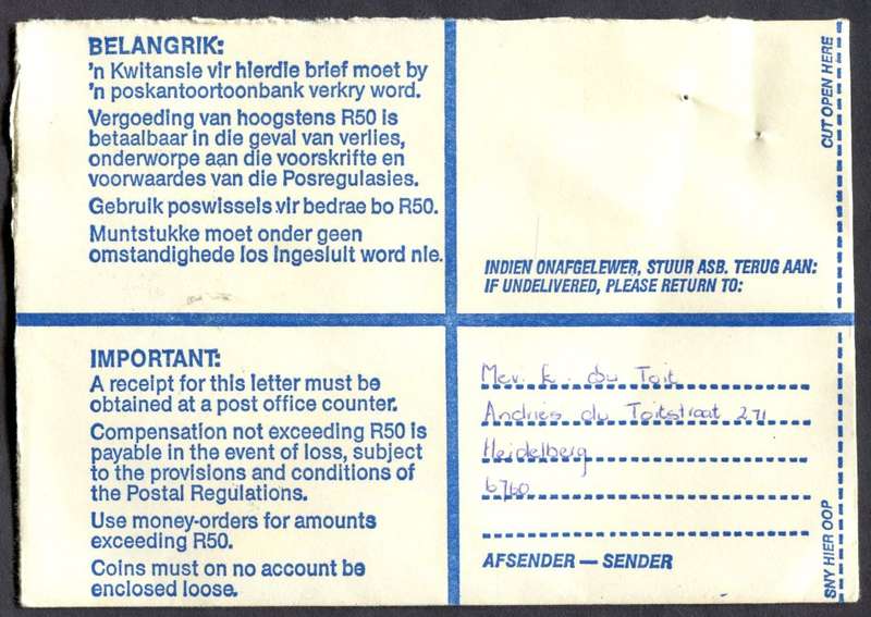 RSA - Cover Registered At Heidelberg K/C Post Office