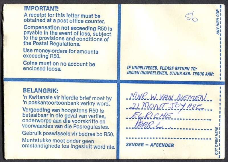 RSA - Cover Registered At Huguenot Post Office