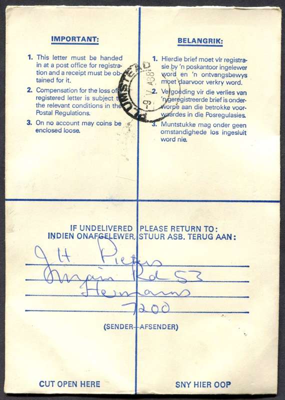 RSA - Cover Registered At Hermanus Post Office