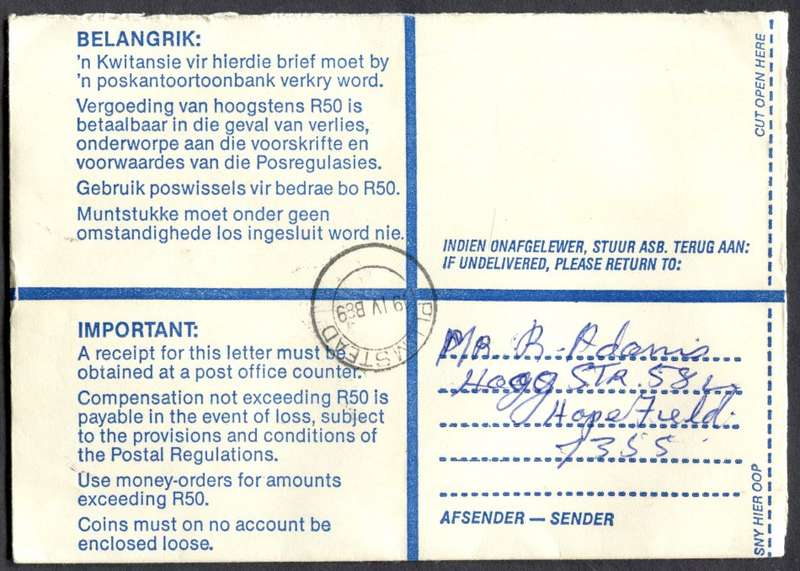 RSA - Cover Registered At Hopefield Post Office
