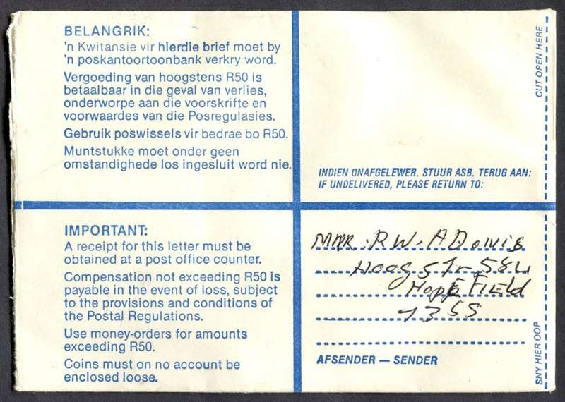 RSA - Cover Registered At Hopefield Post Office
