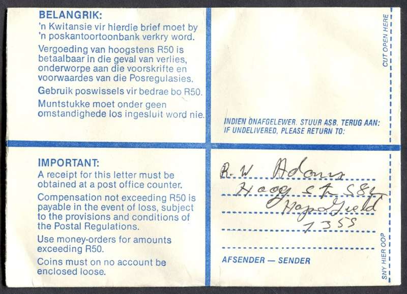 RSA - Cover Registered At Hopefield Post Office