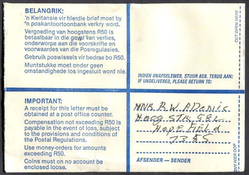 RSA - Cover Registered At Hopefield Post Office
