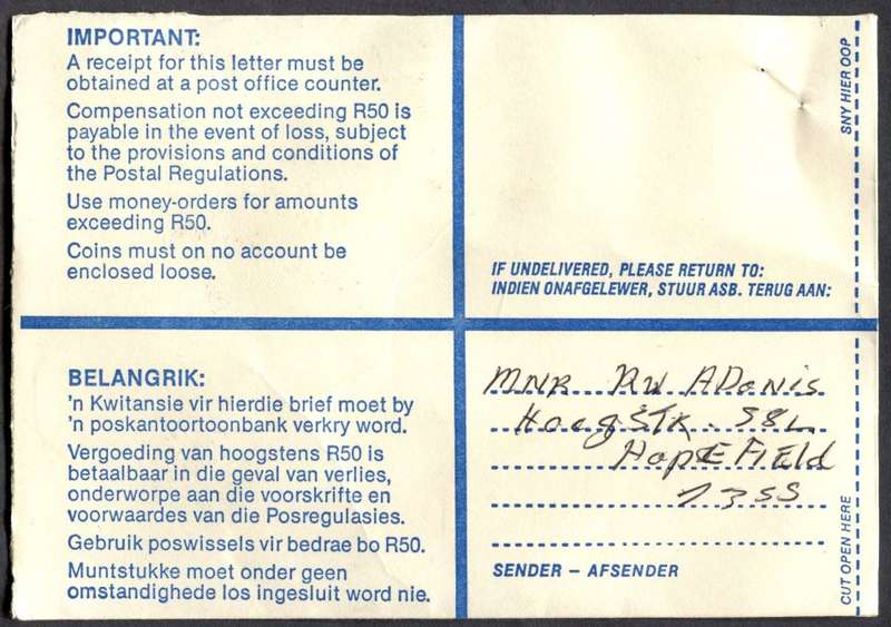RSA - Cover Registered At Hopefield Post Office