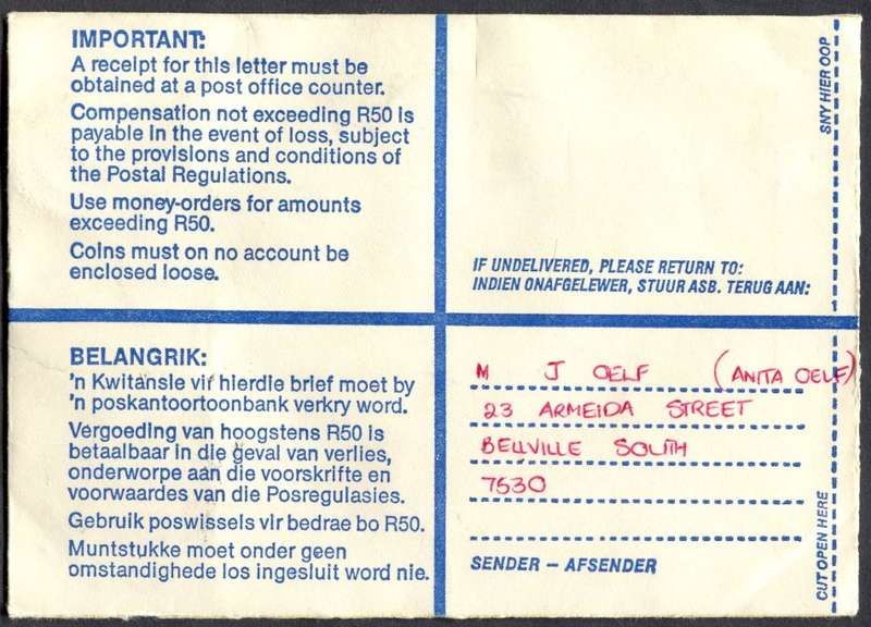 RSA - Cover Registered At Kasselsvlei Post Office