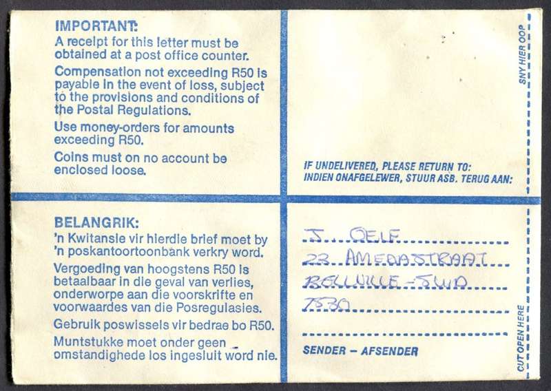 RSA - Cover Registered At Kasselsvlei Post Office