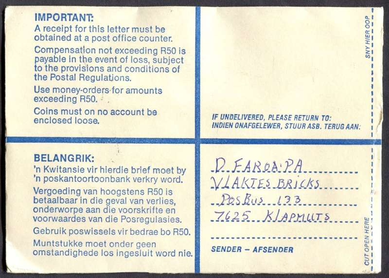 RSA - Cover Registered At Klapmuts Post Office