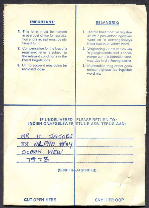 RSA - Cover Registered At Kalkbaai Post Office