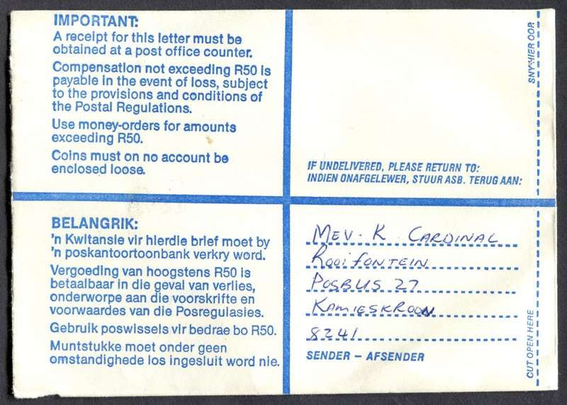 RSA - Cover Registered At Kamieskroon Post Office