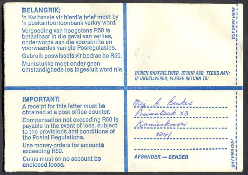 RSA - Cover Registered At Kamieskroon Post Office