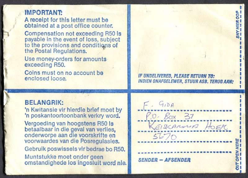 RSA - Cover Registered At King William's Town Post Office