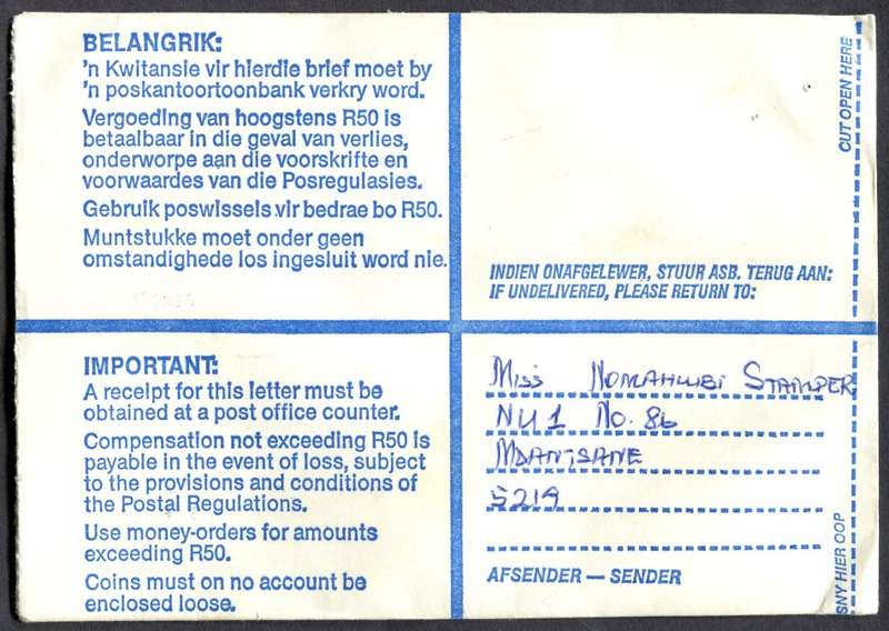 RSA - Cover Registered At King William's Town Post Office