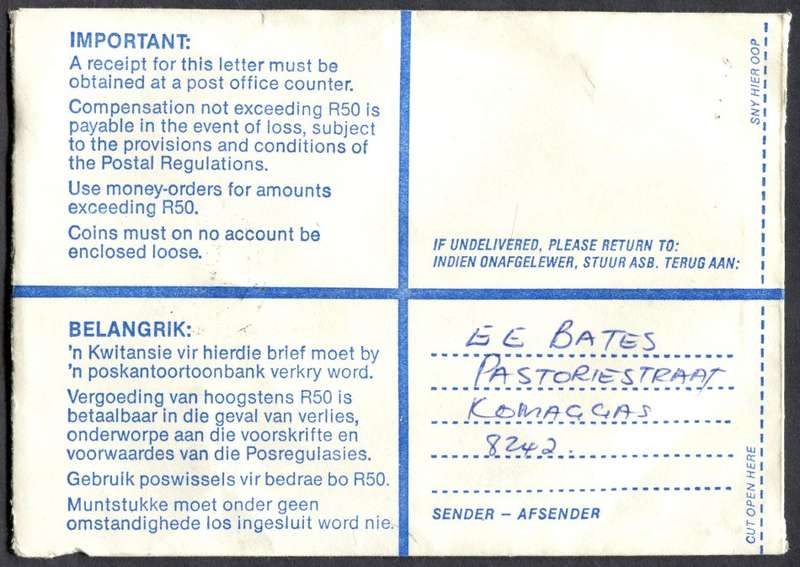 RSA - Cover Registered At Komaggas Post Office