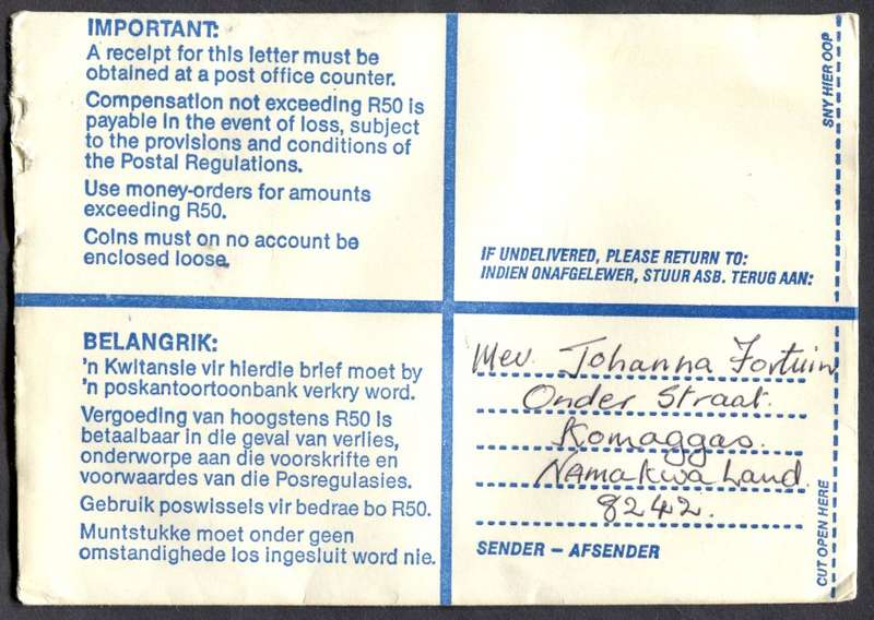 RSA - Cover Registered At Komaggas Post Office