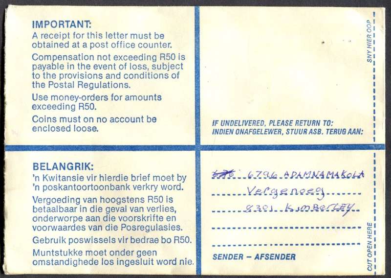 RSA - Cover Registered At Kimberley Post Office