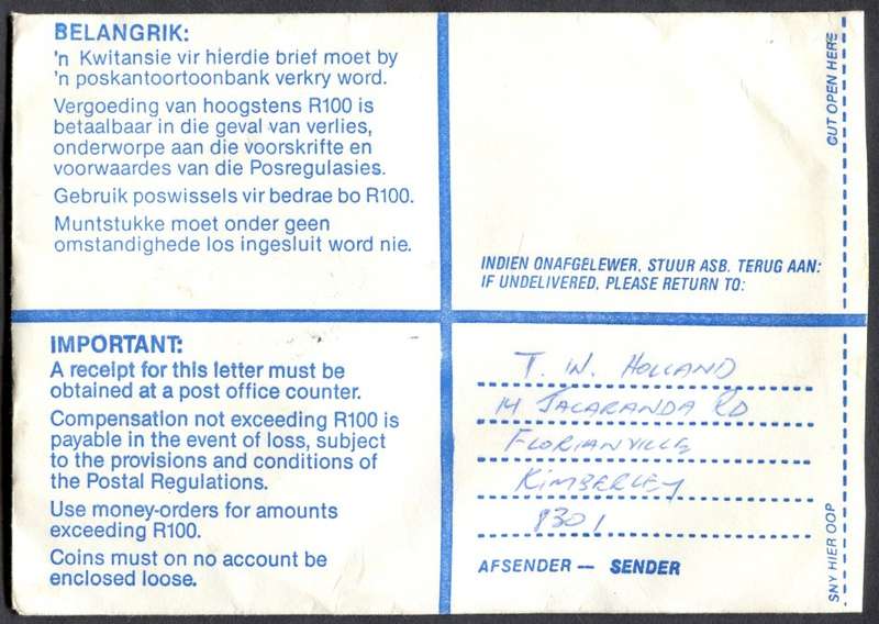 RSA - Cover Registered At Kimberley Post Office