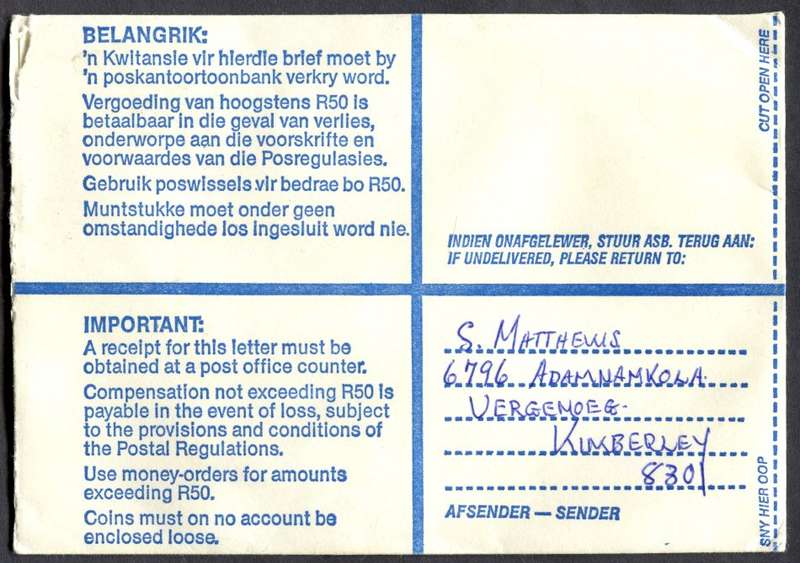 RSA - Cover Registered At Kimberley Post Office