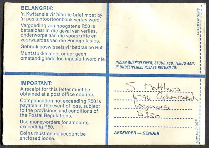 RSA - Cover Registered At Kimberley Post Office
