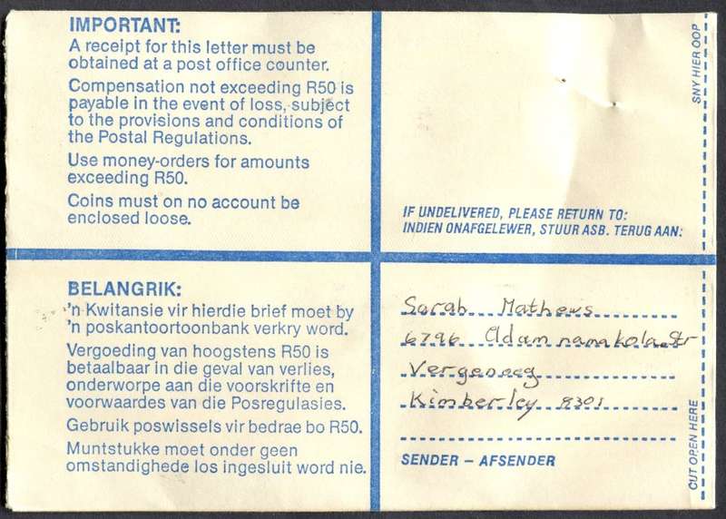 RSA - Cover Registered At Kimberley Post Office