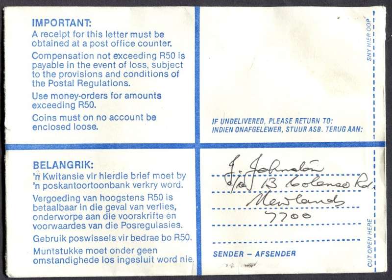 RSA - Cover Registered At Kenilworth Post Office