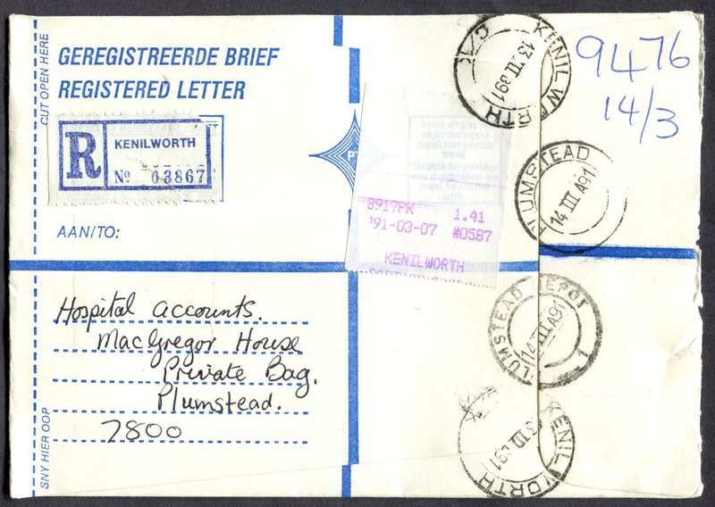 RSA - Cover Registered At Kenilworth Post Office