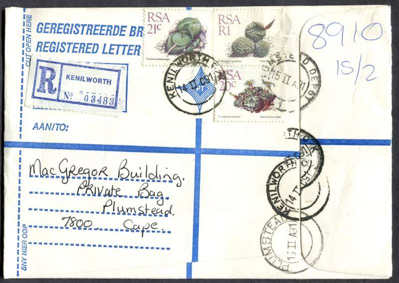 RSA - Cover Registered At Kenilworth Post Office