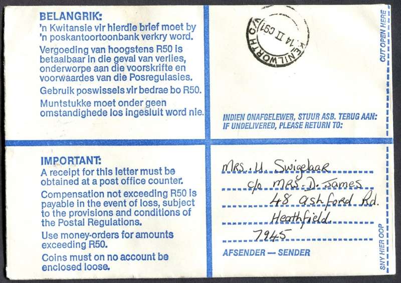 RSA - Cover Registered At Kenilworth Post Office