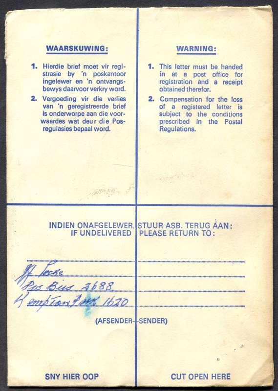 RSA - Cover Registered At Kempton Park Post Office