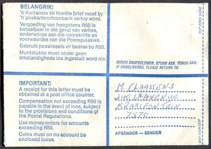 RSA - Cover Registered At Kraaifontein Post Office