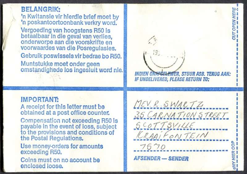 RSA - Cover Registered At Kraaifontein Post Office