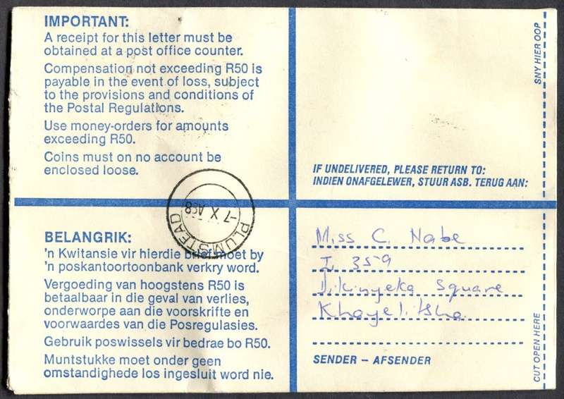 RSA - Cover Registered At Khayelitsha Post Office